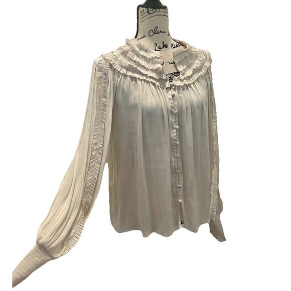 MNG MANGO BLOUSE RUFFLED SZ S LONG SLEEVE FLOWY ELASTIC CUFFS SOPHISTICATED Chic - Picture 15 of 16